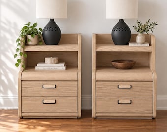 Pair Vintage 1990s Palliser Washed Oak Nightstands, Postmodern Bedside Tables, Removable Lighted Hutch, Waterfall Bedroom Furniture