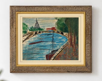 Vintage Paris Seine River Eiffel Tower Painting Mid Century Modern Framed French Landscape Art 16x12