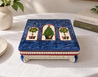 Vintage Mesa International Christmas Ceramic Riser Pedestal Stand 8” Crackle Glaze Christmas Tree Poinsettia Holiday Decor