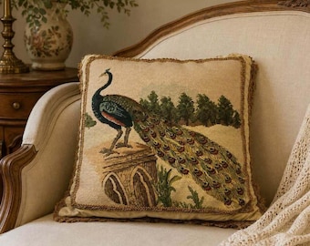 Vintage Peacock Needlepoint Pillow, Tapestry Throw Pillow, Gold Fringe Decorative Cushion, Traditional English Country Home Decor