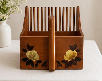 Vintage Wooden Cranberry Scoop Basket Magazine Rack Hand Painted Floral