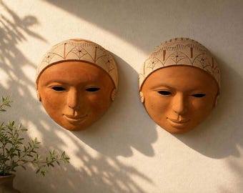 Terracotta Face Masks, Pair of Hand Painted Clay Wall Masks, Southwestern Folk Art Decor, Rustic Boho Wall Art, Earth Tone Home Decor