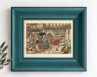Vintage Anton Pieck Spoedgeval Framed Print Dutch Street Scene Apothecary Old World Art Teal Wood Frame 14x12