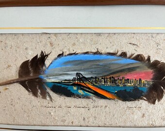 Vintage Hand Painted Feather Art San Francisco Skyline, Framed Real Feather Painting Bay Bridge, Costa Rican Style Cityscape Folk Decor