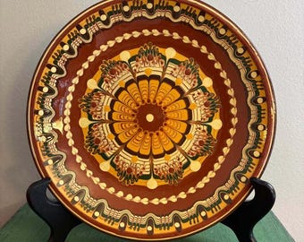 Vintage Bulgarian Troyan Pottery Wall Plate, Hand Painted Slipware Folk Art, Traditional Bulgarian Ceramic, Rustic Farmhouse Decor