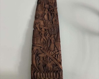 Large Hand Carved Madagascar Wood Relief, Malagasy Village Scene Wall Art, African Folk Art Panel, Rustic Boho Decor, 28 Inch