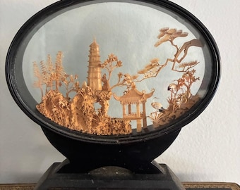 Vintage Chinese Cork Carving Diorama, Hand Carved Pagoda Landscape, Oval Shadow Box, Asian Wall Art, Mid Century Decor, Feng Shui