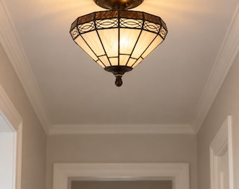 Vintage Tiffany Style Stained Glass Ceiling Light Art Deco Semi Flush Mount Cream Amber Bronze 12”