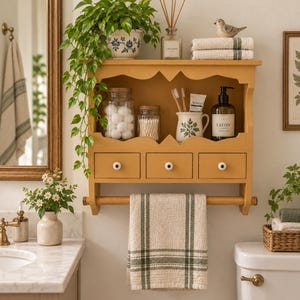 May include: A mustard yellow wooden wall shelf with three small drawers, a towel bar, and an open top shelf. The shelf holds a potted plant, a glass diffuser, two glass jars with cotton balls and swabs, a ceramic pitcher with toothbrushes, and soap.