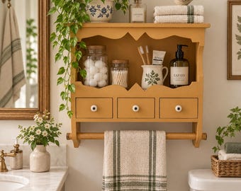 Vintage 1960s Handmade Wood Wall Shelf, 3 Drawer Kitchen Organizer, Ceramic Knobs, Towel Bar, Hand Painted Bathroom Farmhouse Storage