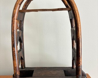 Vintage Karen Hill Tribe Wooden Elephant Bell Stand, Thailand Bentwood Arch Display Frame, Rustic Tribal Home Decor, Asian Artifact Holder