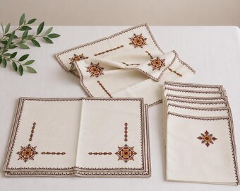 Vintage 17 Pc Ukrainian Balkan Hand Embroidered Linen Table Set Reversible Cross Stitch 8 Placemats Napkins Runner Folk Art