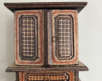 Vintage Hand Painted Wooden Jewelry Box Mini Cabinet Folk Art Mango Wood Storage Chest