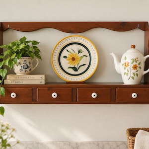 May include: A brown wooden wall shelf with four drawers featuring white knobs. On the shelf sits a green plant in a blue and white patterned pitcher, two stacked books titled The Kinfolk Home, a decorative plate with a sunflower, and a white teapot.