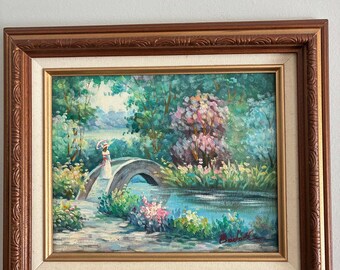 Vintage Impressionist Garden Oil Painting Signed Badall, Framed Canvas Art Woman on Bridge, Antique Style Landscape Painting Wall Decor