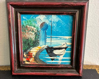 Vintage Small Framed Seascape Oil Painting Boat Coastal Landscape Wall Art