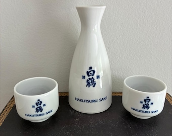 Japanese Hakutsuru Sake Set, Sake Bottle & 2 Cups, Japanese Sake Set, Made in Japan