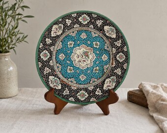 Vintage Minakari Style Enamel on Copper Plate, 8.5 Inch Floral Decorative Wall Plate, Turquoise Arabesque Art, Secondhand USA Find