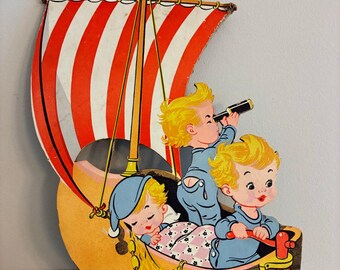 Vintage Wynken Blynken and Nod wall hanging nursery decor mid century nursery art Mother Goose Dolly Toy Company 1950s