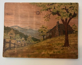 Original hand painted landscape on wood panel signed Nancy Garretson 1992 rustic cabin folk art wall decor
