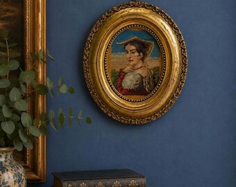 Vintage Petit Point Needlepoint Portrait Ornate Oval Gold Gesso Frame Wall Art