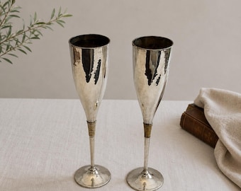 Vintage Silver Plated Champagne Flutes, Pair of Wedding Toasting Glasses, Anniversary Goblets, Elegant Barware, Bridal Gift