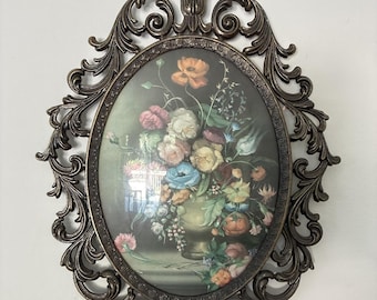 Vintage Made in Italy Floral Wall Art, Convex Bubble Glass Frame, Ornate Victorian Baroque Oval Picture, Cottage Decor