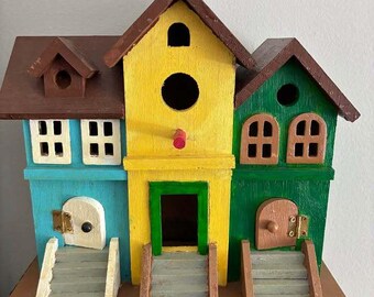 Vintage Hand Painted Wooden Birdhouse, Brownstone Townhouse Bird House, Folk Art Garden Decor, Colorful Cottage Outdoor Decor