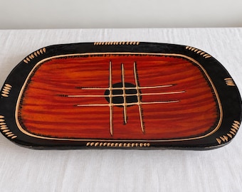 Vintage Hand Carved Wood Platter Signed Emilio 14.5” Painted Folk Art Red Black Geometric MCM Decorative Tray Art