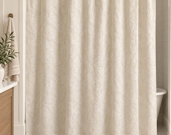 Vintage Portuguese Matelasse Shower Curtain 72x72 Ivory Woven Jacquard Rose Floral Scalloped Cotton Cottage Bathroom Decor