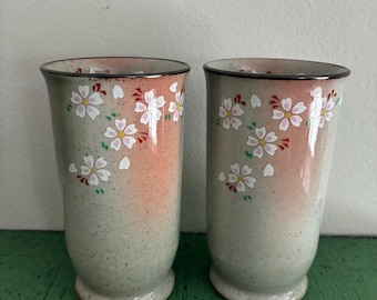 Vintage Japanese Sakura Tea Cups Set Ceramic Yunomi Cherry Blossom Hand Painted Cups