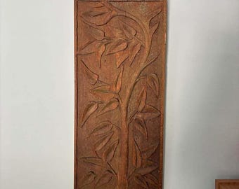 Vintage Hand Carved Wood Furniture Panel, Architectural Salvage Wall Decor, Botanical Relief, Arts Crafts, Rustic Farmhouse Decor