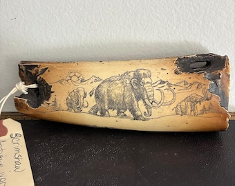 Vintage Scrimshaw Mammoth Tusk Replica Resin Carving Etched Elephant Scene Rustic Decor
