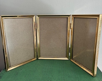 Vintage Trifold Picture Frame Gold Tone Folding Frame 5x7 Photo Display Desk Frame