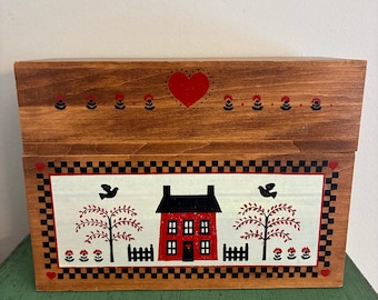 Vintage hand painted wood knick knack box recipe box jewelry box primitive cottage core folk art style American Greetings Country Home