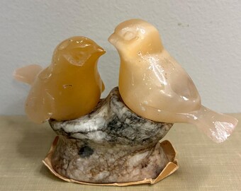 Vintage Selenite Love Birds Sculpture, Pair of Bird Figurines on Marble Base, Stone Bird Statue, Romantic Home Decor, Wedding Anniversary