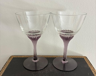 Vintage Amethyst Stem Cocktail Glasses Set Purple Twisted Stemware Bohemian Style Pair