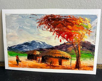 Original African Mini Oil Painting Maasai Village Kilimanjaro Signed Albert Lizah