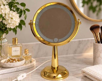 Vintage Lighted Fogless Makeup Vanity Mirror Gold Brass Tone Hollywood Regency w/ Original Box