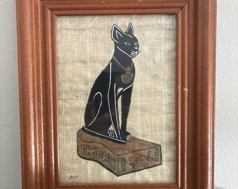 Vintage Egyptian Bastet Cat Papyrus Art, Framed Ancient Egypt Wall Decor, Cat Goddess Artwork, Egypt Souvenir Painting