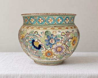 Vintage V Pinto Vietri Italy Majolica Planter, Large 13” Hand Painted Floral Ceramic Jardiniere, Italian Pottery Cachepot Home Decor