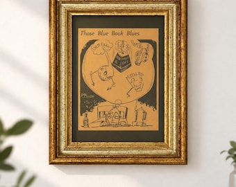 Vintage D Preston Those Blue Book Blues Cartoon Art Made in Italy Gold Florentine Frame 9x7 College Exam Humor Wall Decor