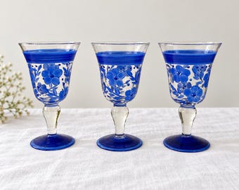 Set of 3 Vintage Cobalt Blue Hand Painted Floral Glass Goblets Stemware Art Glass Wine Glasses Cottagecore Barware