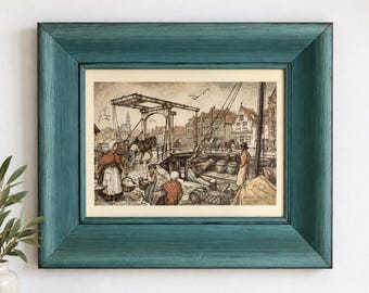 Vintage Anton Pieck Hoorn Framed Print Dutch Harbor Canal Street Scene Old World European Art Teal Wood Frame 14x12