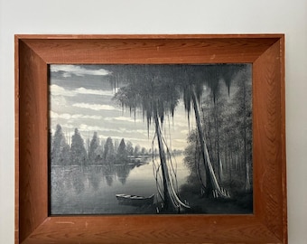 Original T S Driskell Bayou Painting Large Framed Louisiana Swamp Art Cypress Trees Grisaille Canvas