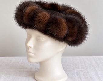 Vintage 1950s 1960s Styled by Coralie Real Mink Fur Pillbox Hat Brown Mid Century Cocktail Halo Hat Old Hollywood Winter Fashion