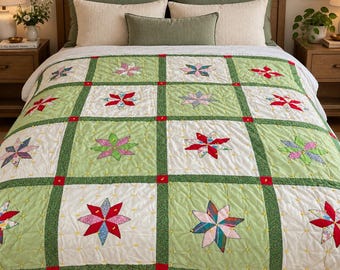 Vintage Handmade Tied Patchwork Quilt 82x78 8 Point Star Applique Green Floral Full Queen Bedspread Cottage Farmhouse Quilt