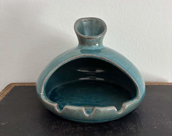 Vintage Aubry Arts Star Cave AC-66 Hooded Ceramic Ashtray, Mid Century Modern Blue Green Drip Glaze, Windproof Ashtray