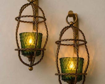 Vintage Brass Wall Sconces, Pair Twisted Rope Candle Holders, Green Glass Votive Cups, Birdcage Wall Decor, Hollywood Regency Style