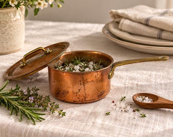 Vintage Bazar Français New York 666 Copper Saucepan No. 14 with Lid, 5.5” Tinned Copper Pot, Brass Handle, Vintage Cookware